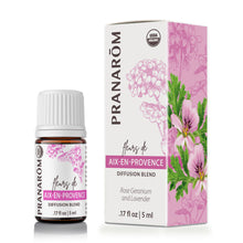 Pranarom Aix-en-Provence diffusion blend in amber glass bottle with white cap, 5ml, alongside pink and white box featuring fl