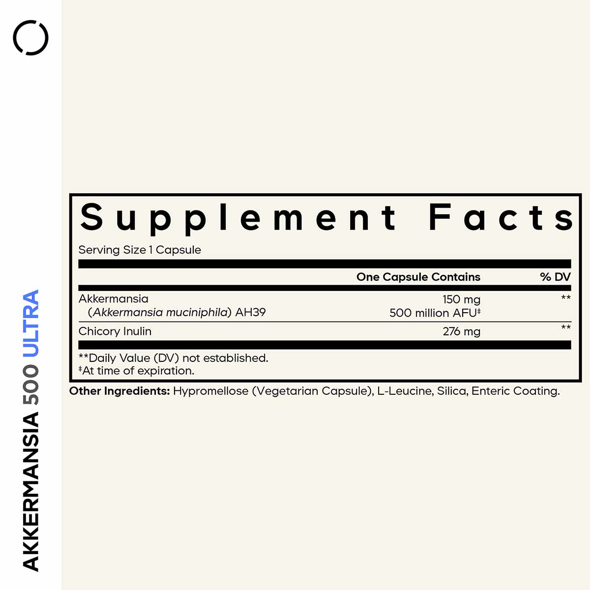 Supplement Facts label for Akkermansia 500 Ultra showing serving size, active ingredients, and other ingredients.