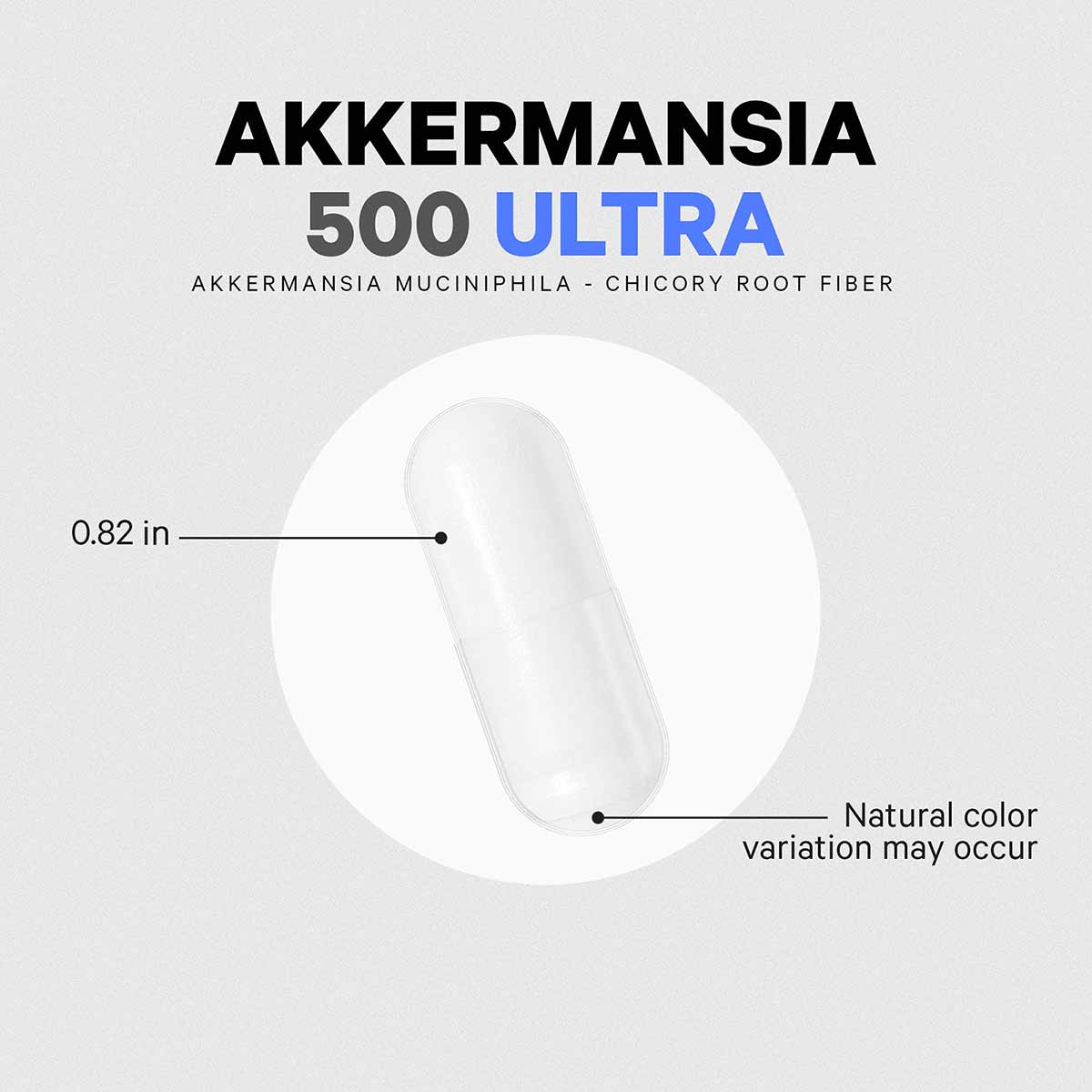White capsule supplement measuring 0.82 inches with product name and ingredient text above.