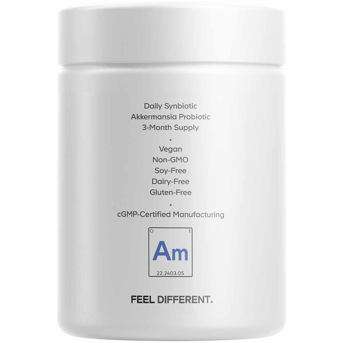White supplement bottle with text describing daily synbiotic Akkermansia probiotic, 3-month supply, vegan and allergen-free.