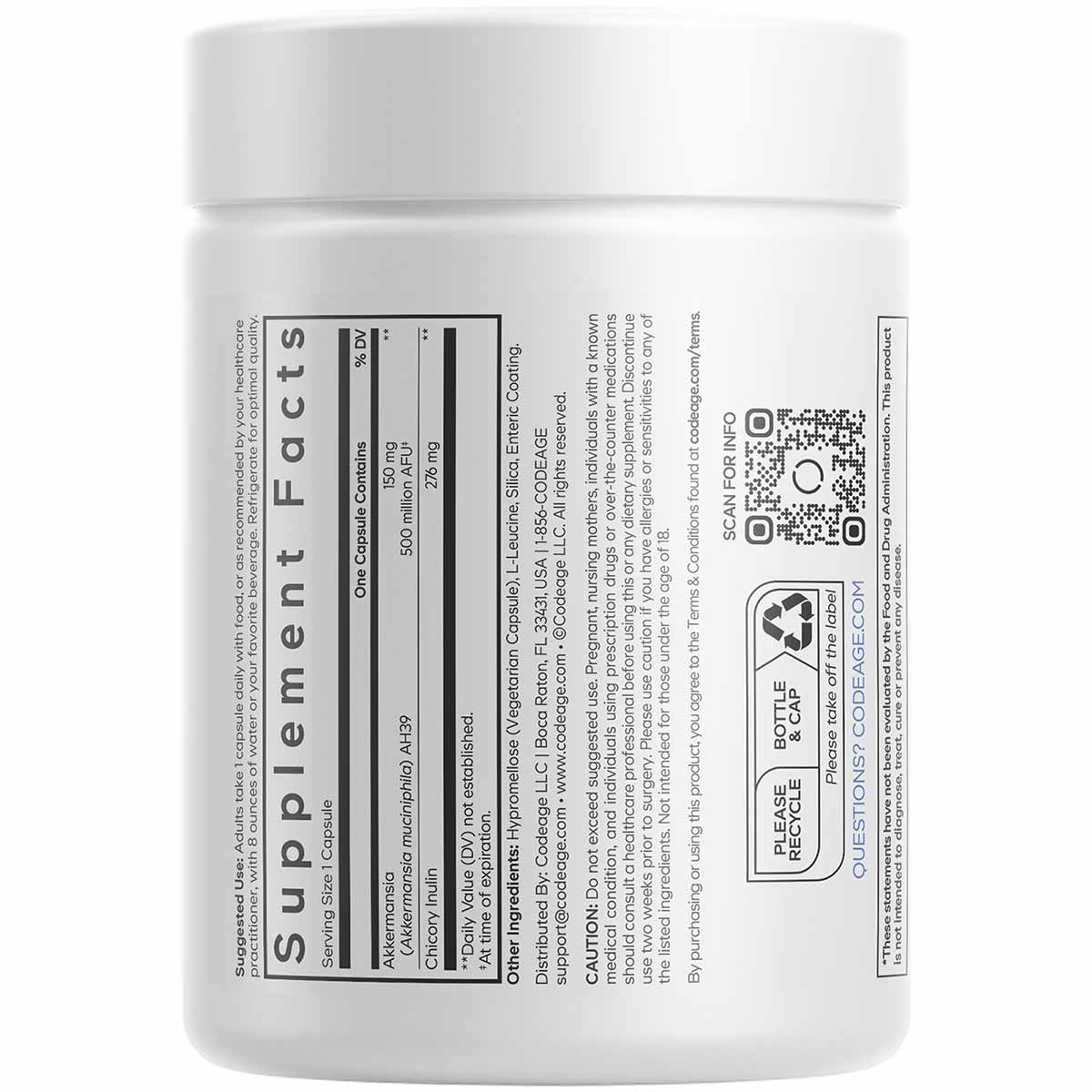 White supplement bottle with black label containing product information, QR code, and serving details for Akkermansia 500 Ult