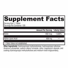 Supplement facts label for ALAmax CR tablet listing biotin and alpha-lipoic acid ingredients with serving size and daily valu