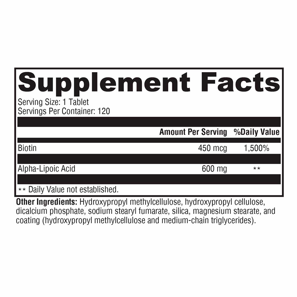 Supplement facts label for ALAmax CR tablet listing biotin and alpha-lipoic acid ingredients with serving size and daily valu