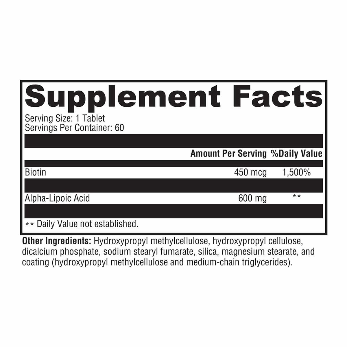 Supplement Facts label for ALAmax CR tablet showing Biotin 450 mcg and Alpha-Lipoic Acid 600 mg per serving with 60 servings 
