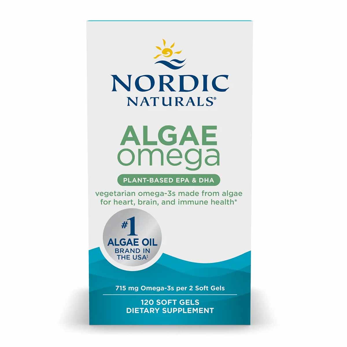 Nordic Naturals Algae Omega supplement bottle with green and teal labeling, 120 soft gels.