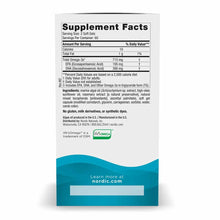 Supplement Facts label for Algae Omega soft gels showing EPA and DHA omega-3 content per serving.