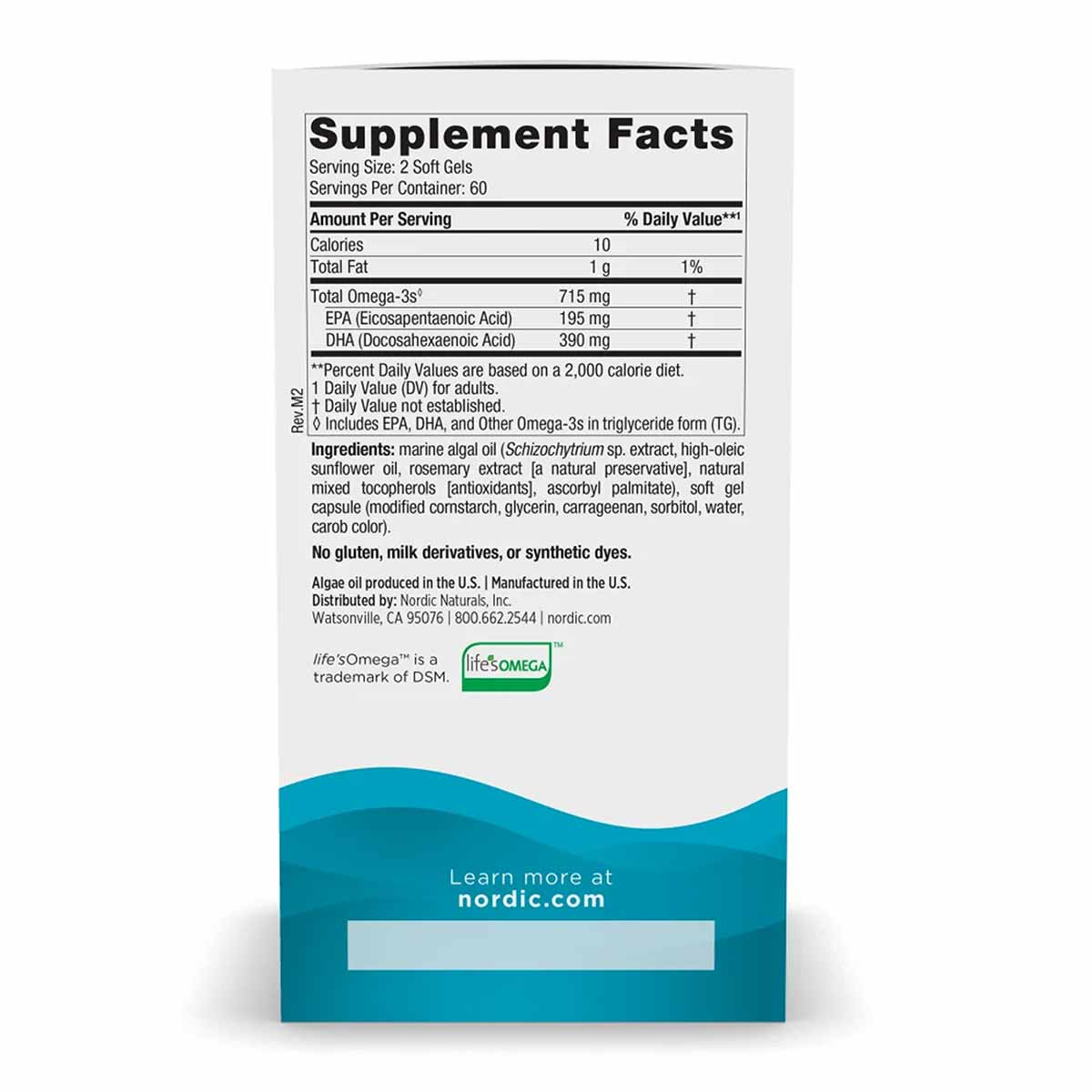 Supplement Facts label for Algae Omega soft gels showing EPA and DHA omega-3 content per serving.