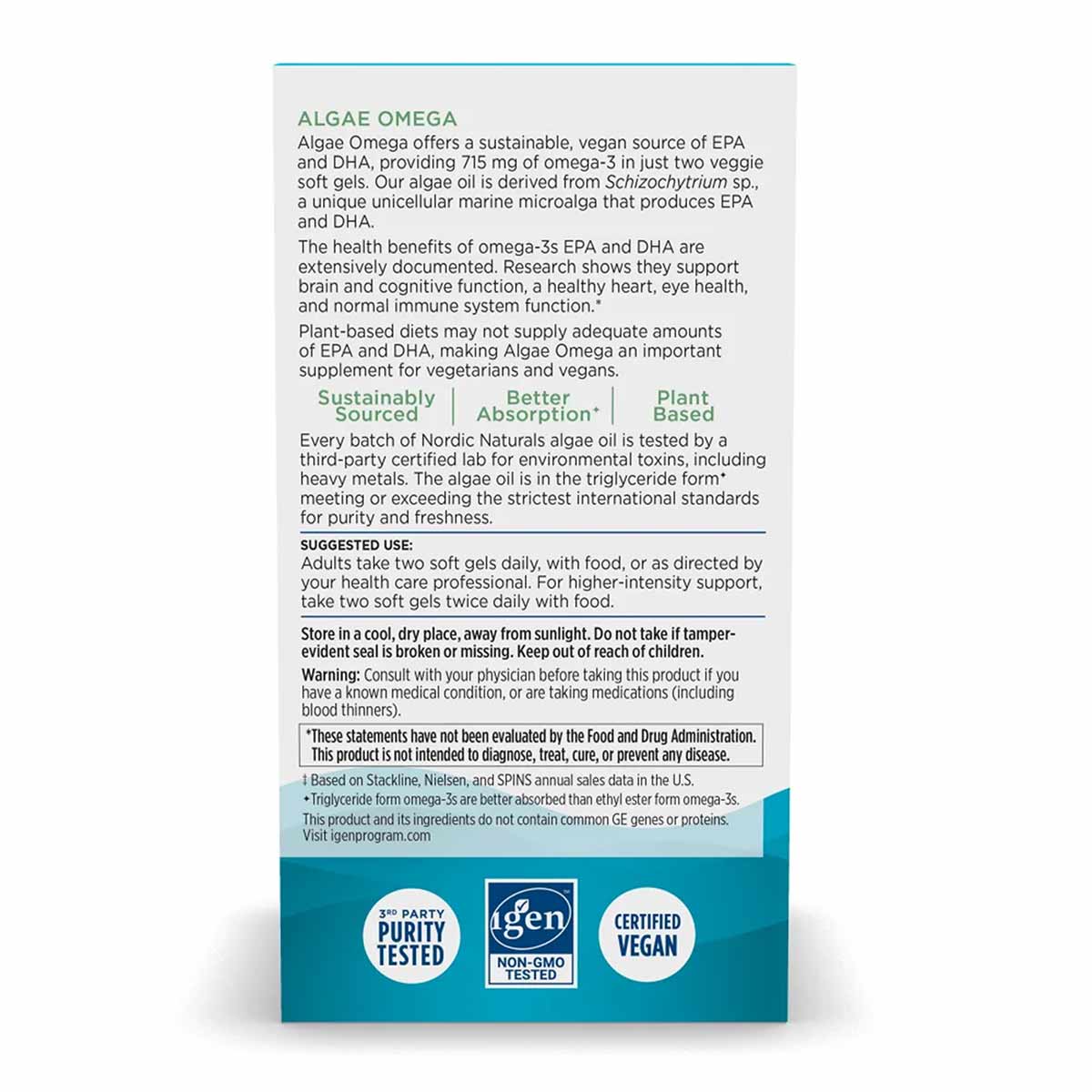 Nordic Naturals Algae Omega supplement bottle box with product information and certification badges on teal and white backgro