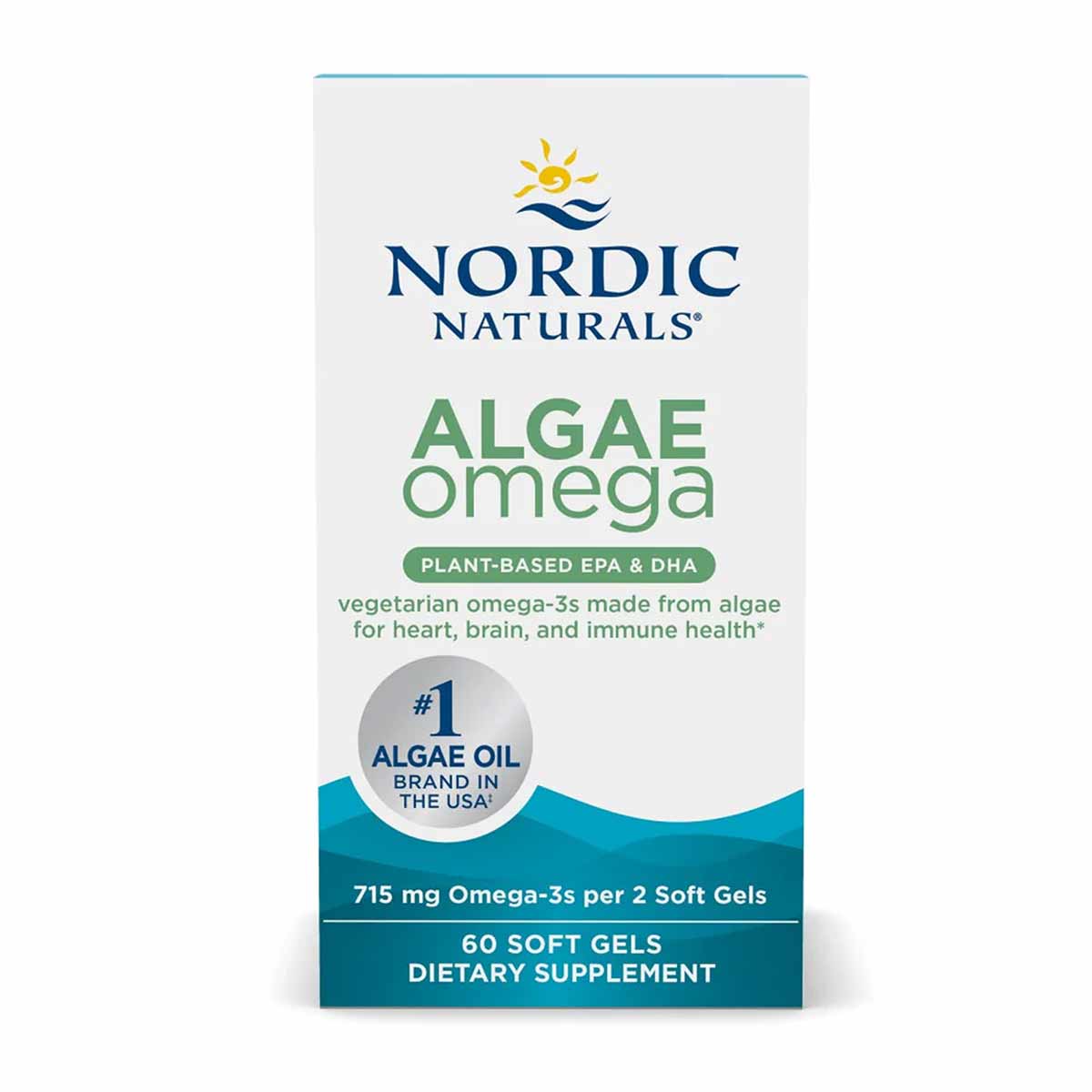 Nordic Naturals Algae Omega supplement bottle with sun and wave logo, plant-based EPA and DHA, 60 soft gels.