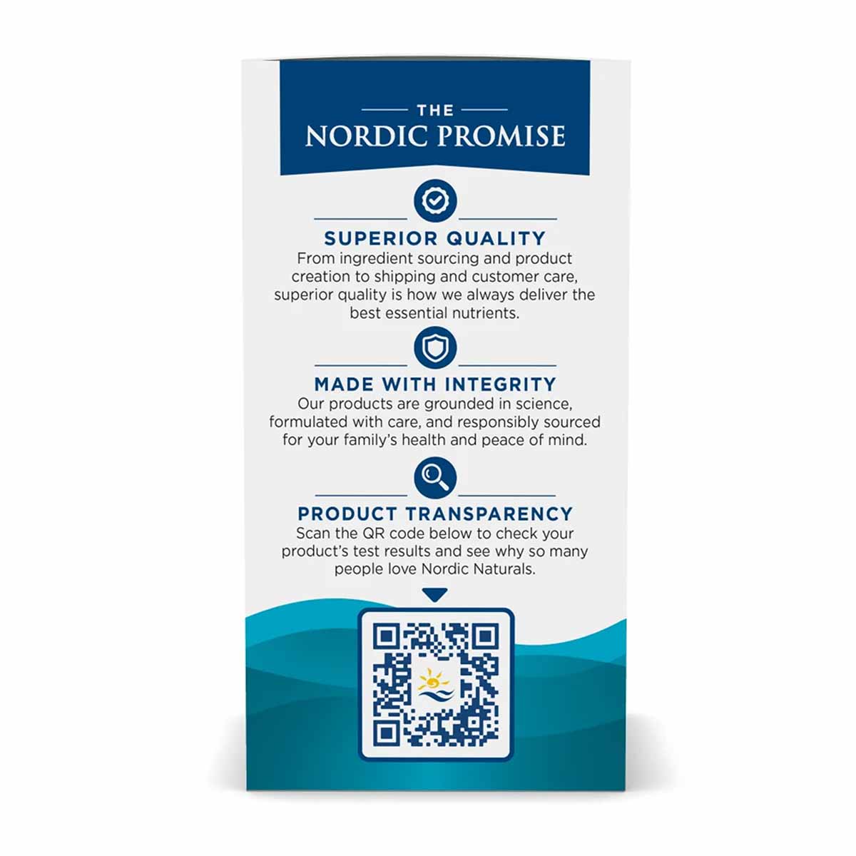 Nordic Naturals product packaging with "The Nordic Promise" messaging, quality assurances, and QR code for product transparen