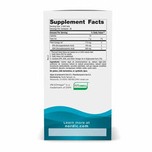 White supplement bottle with black Supplement Facts label showing omega-3 content and teal wave design at bottom.