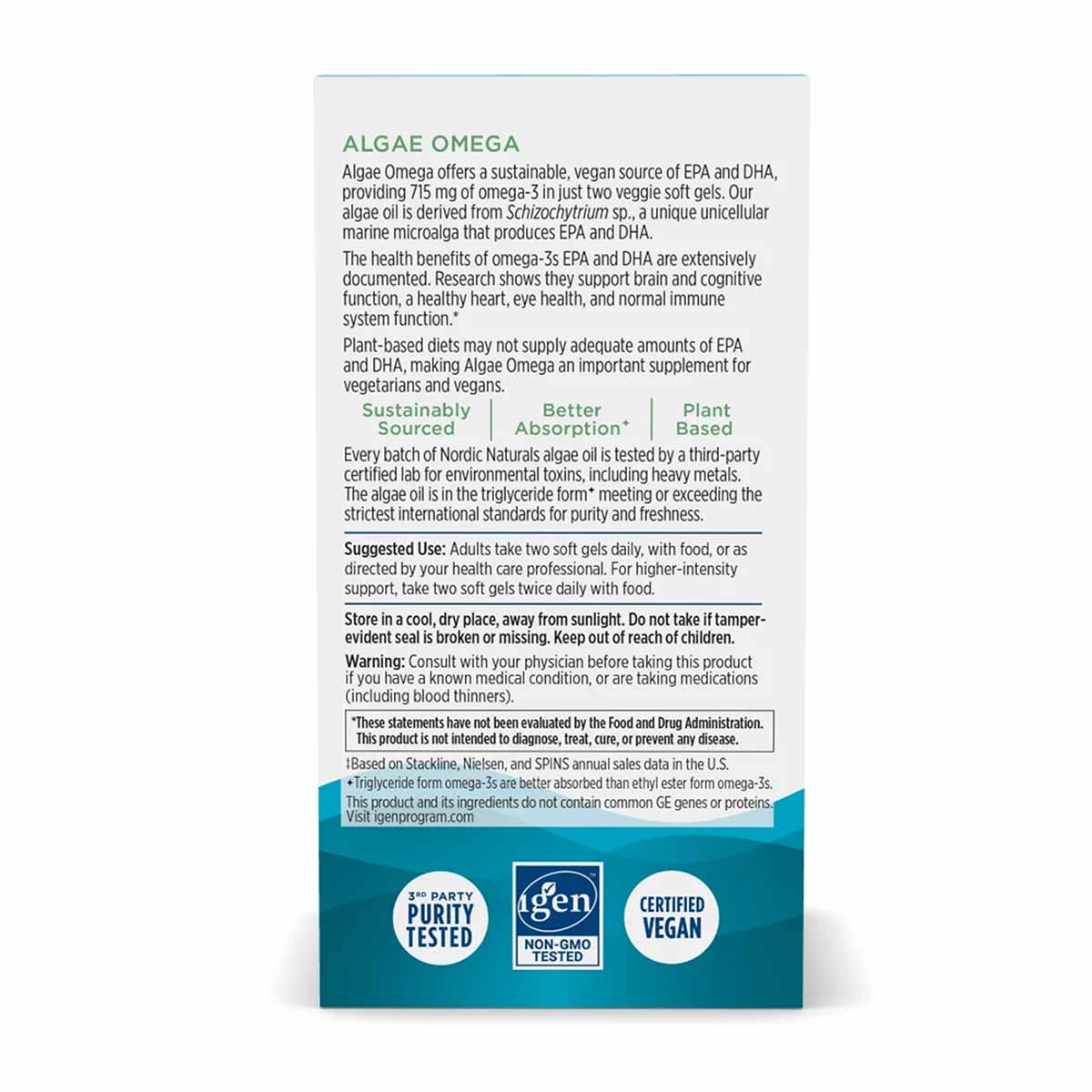 Algae Omega supplement bottle by Nordic Naturals with product information and certification badges on white and teal backgrou