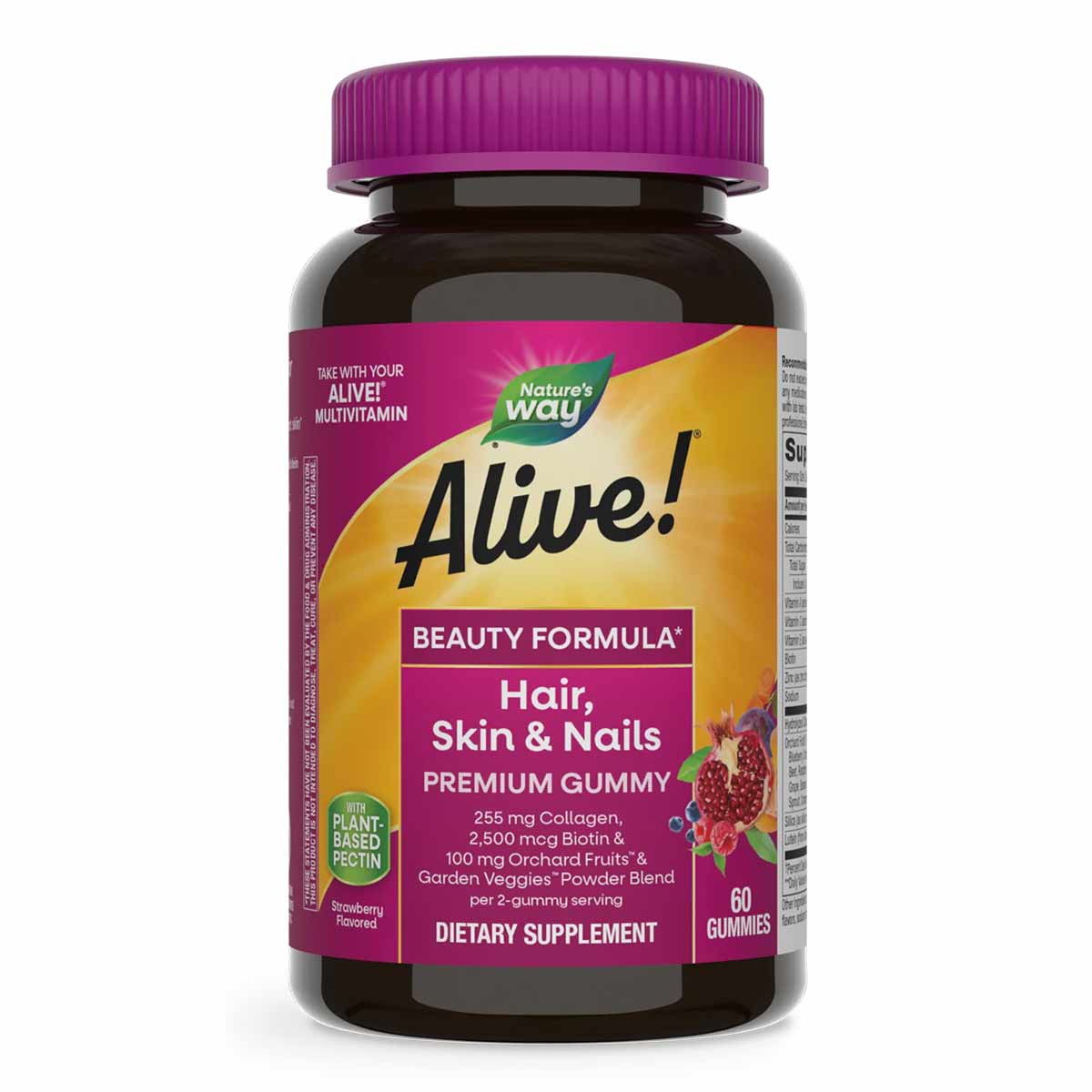 Dark glass bottle with purple cap containing Alive Hair, Skin & Nails gummies with raspberry flavor label and 60 gummies coun