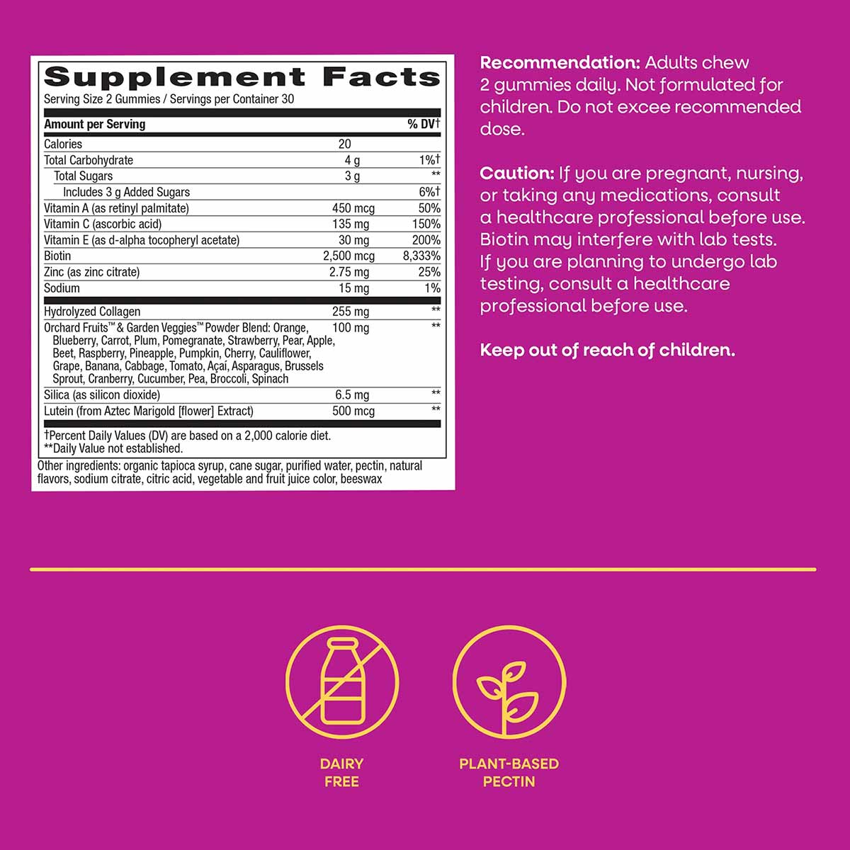 Supplement Facts label for Nature's Way Alive Hair, Skin & Nails Gummies on magenta background with dairy-free and plant-base