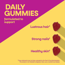 Package of Alive Hair, Skin & Nails Gummies by Nature's Way with red heart-shaped gummies displayed on yellow and magenta bac