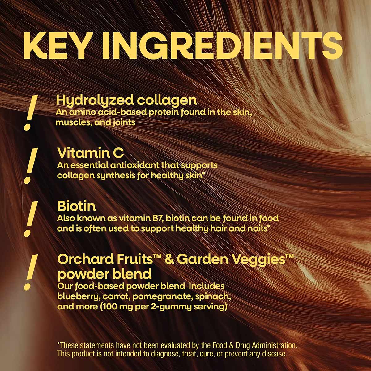 Infographic listing key ingredients for hair, skin and nails gummies including hydrolyzed collagen, vitamin C, biotin, and fr