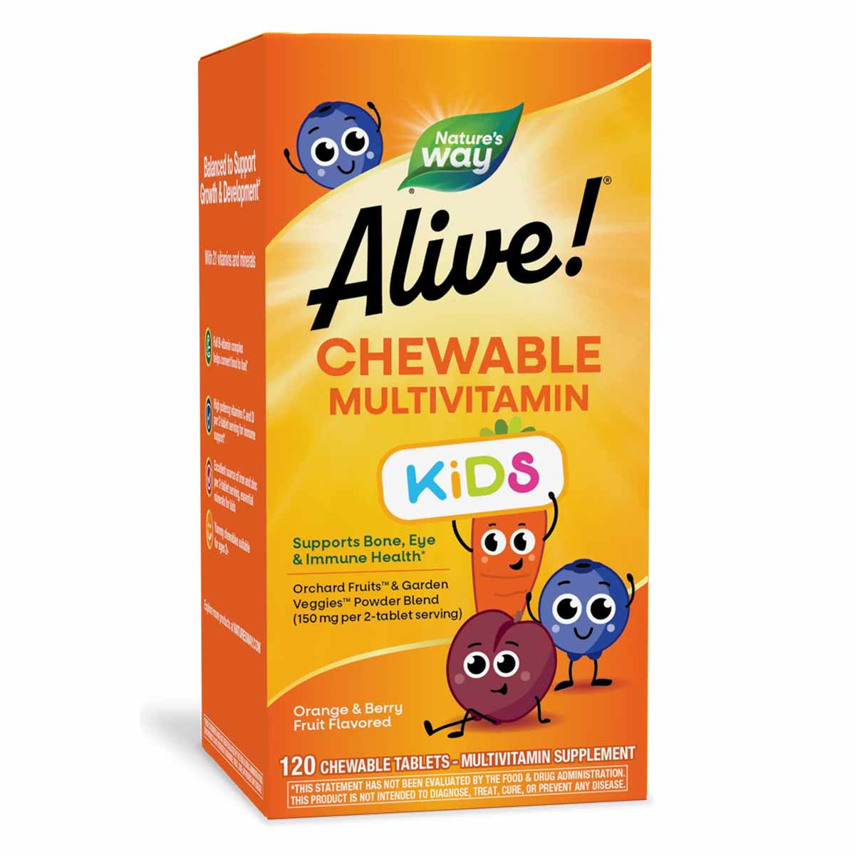Alive! Kids Chewable Multivitamin bottle with orange and yellow gradient packaging, Nature's Way logo, and cartoon fruit char