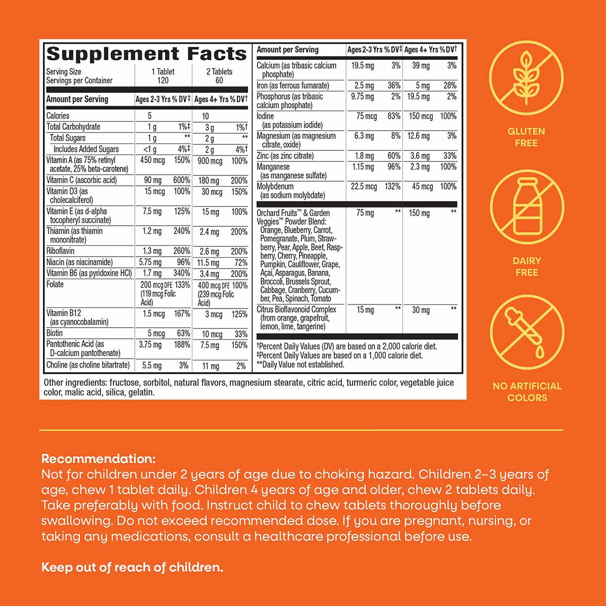 Supplement Facts label for Alive Kids Chewable Complete Multivitamin on orange background with gluten-free, dairy-free, and n