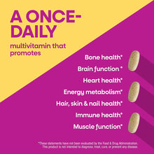 Four tan multivitamin capsules displayed on a yellow and magenta background with text listing health benefits.