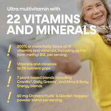 Alive Once Daily Women's 50+ multivitamin bottle displayed next to older woman wearing yellow cardigan with product benefits 