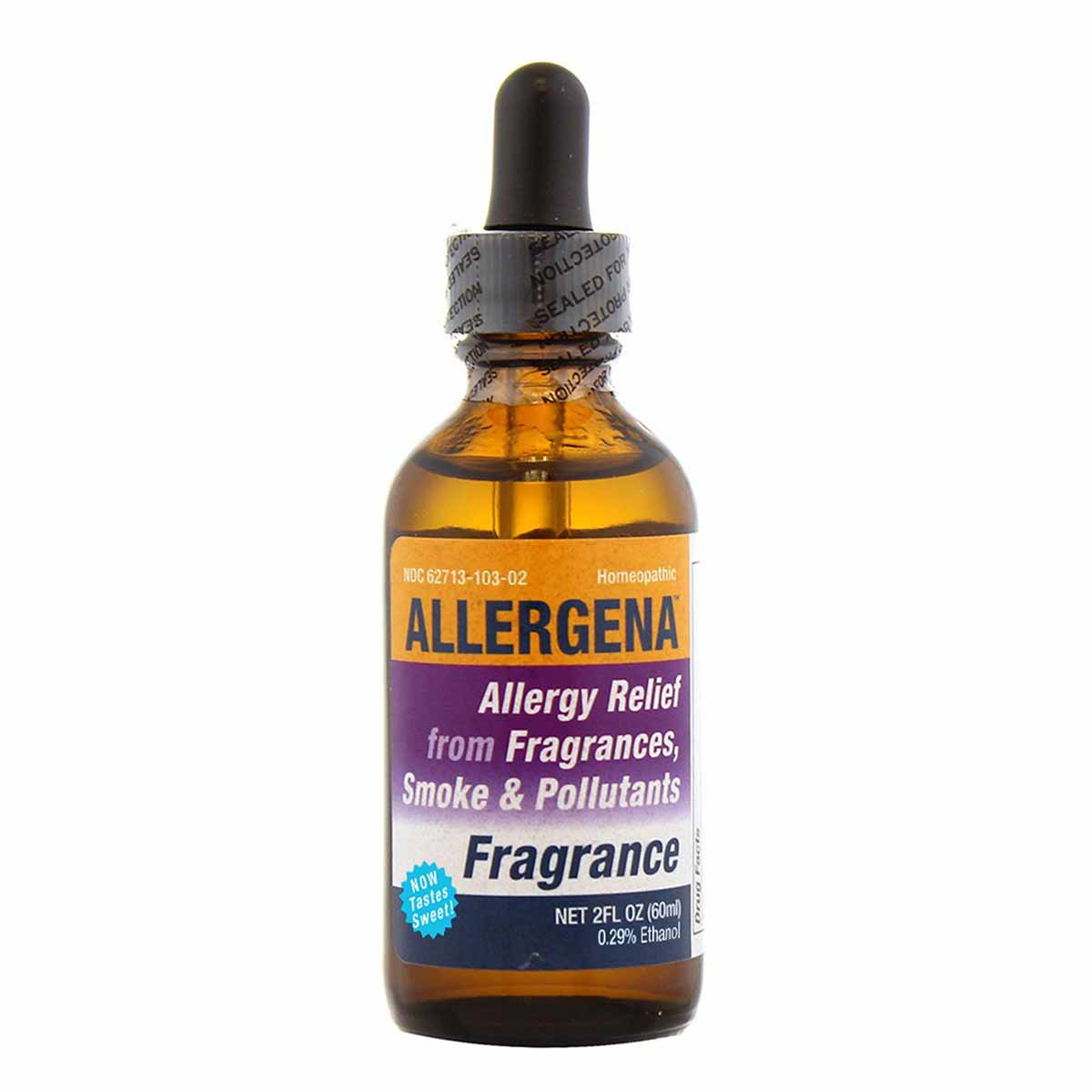 Allergena 2 oz liquid fragrance in amber glass bottle with dropper cap and purple label.