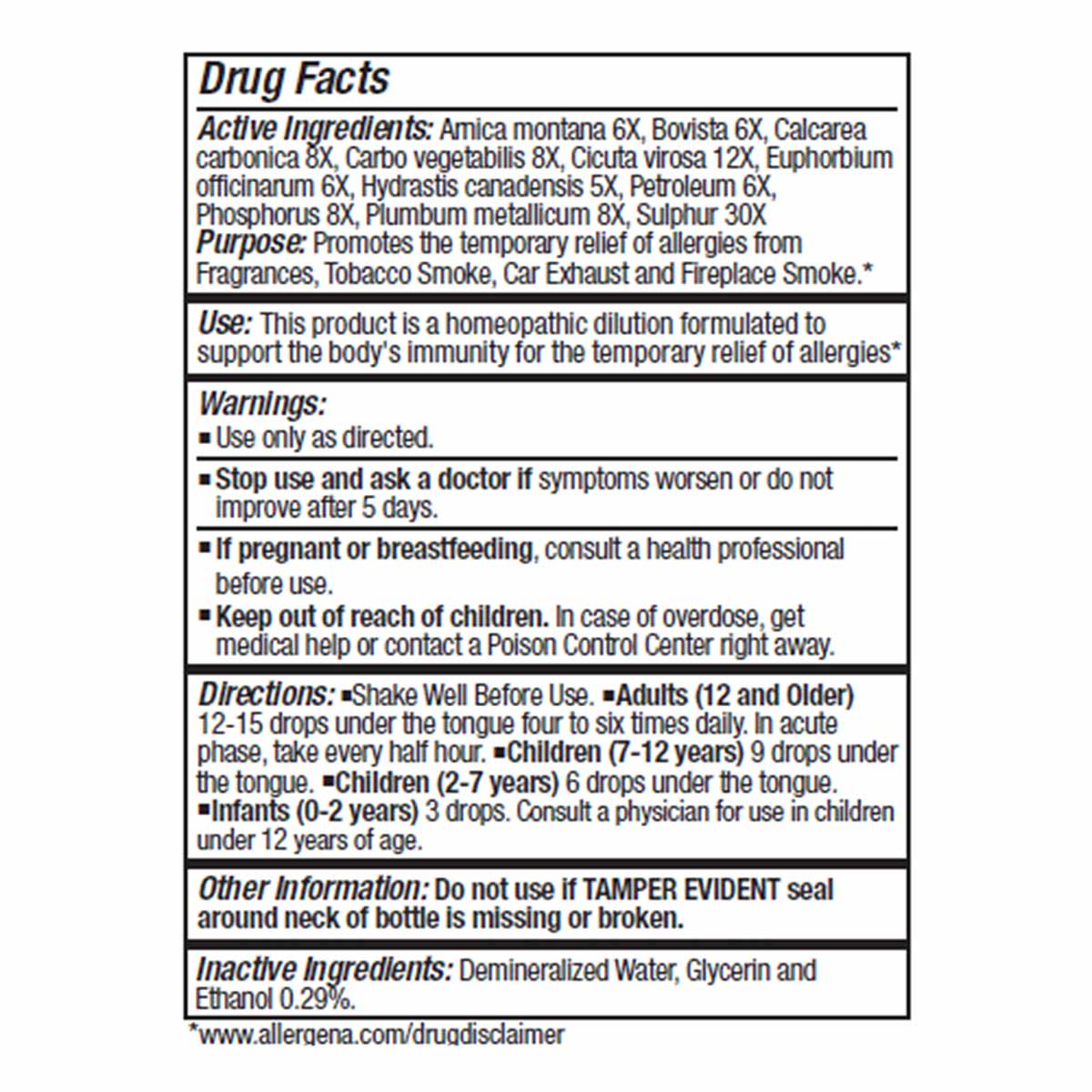 Drug Facts label for Allergena Fragrance homeopathic dilution showing active ingredients, purpose, warnings, and directions f