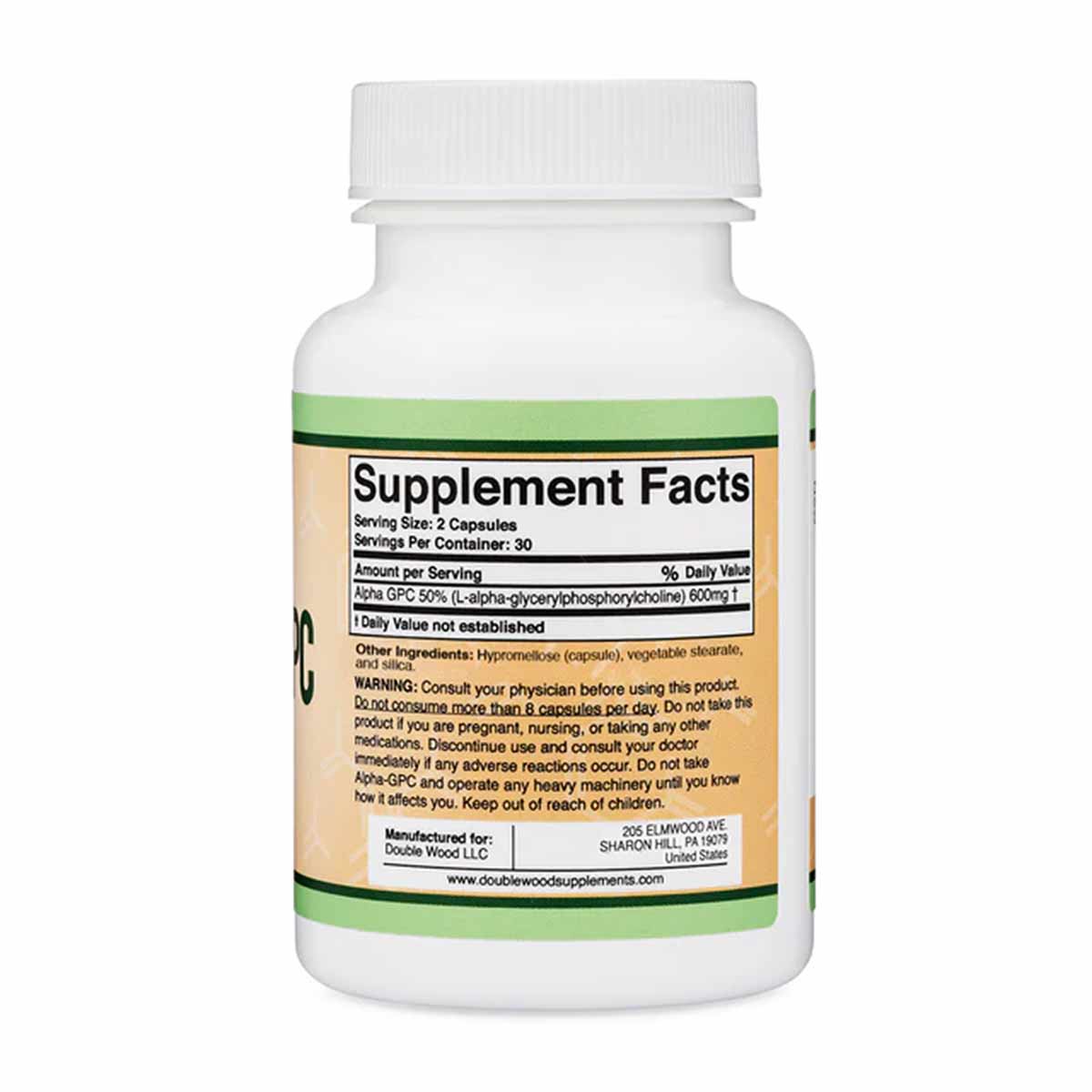 White bottle of Alpha-GPC supplement capsules with beige and green label showing supplement facts and 600mg dosage per servin
