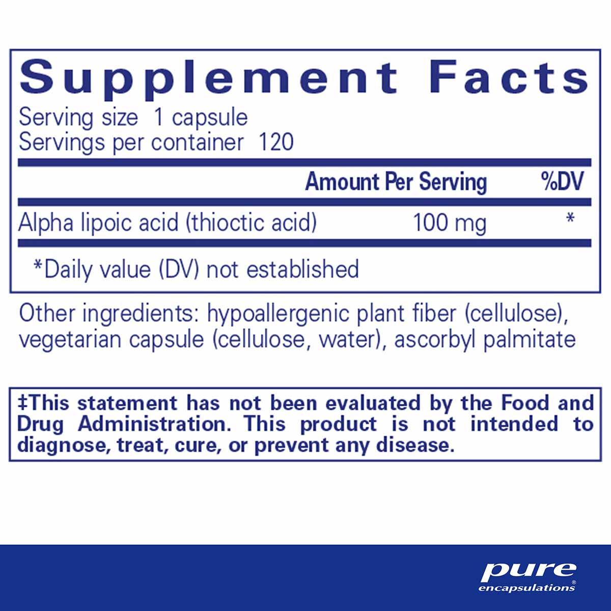 Supplement Facts label for Alpha Lipoic Acid 100 mg by Pure Encapsulations showing serving size, ingredients, and FDA disclai