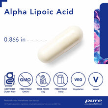 White capsule labeled Alpha Lipoic Acid, 0.866 inches, with certification badges for gluten-free, GMO-free, soy-free, dairy-f