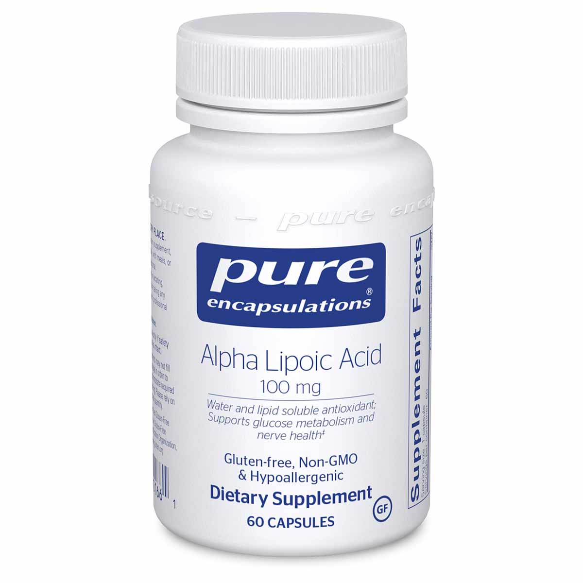 White bottle of Pure Encapsulations Alpha Lipoic Acid 100 mg dietary supplement with white screw cap, containing 60 capsules.