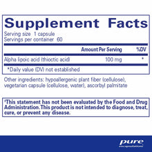 Supplement Facts label for Pure Encapsulations Alpha Lipoic Acid 100 mg capsules showing serving size, ingredients, and FDA d