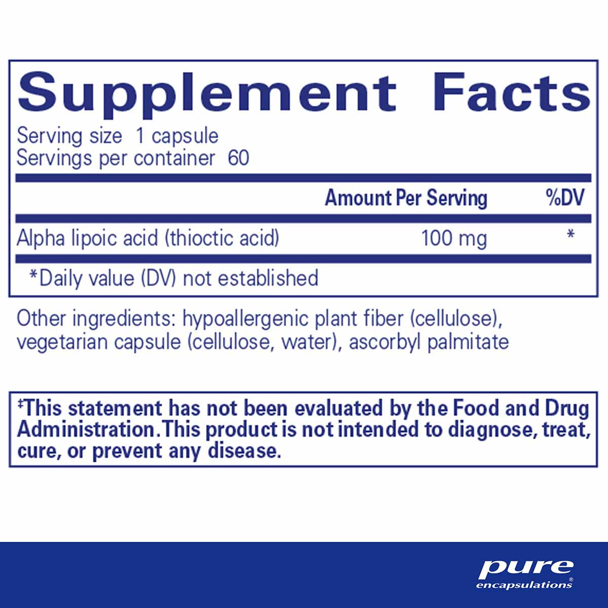 Supplement Facts label for Pure Encapsulations Alpha Lipoic Acid 100 mg capsules showing serving size, ingredients, and FDA d
