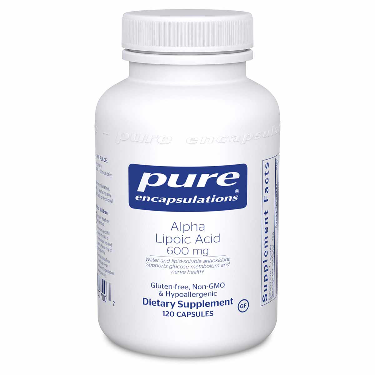 White bottle of Pure Encapsulations Alpha Lipoic Acid 600 mg dietary supplement containing 120 capsules.