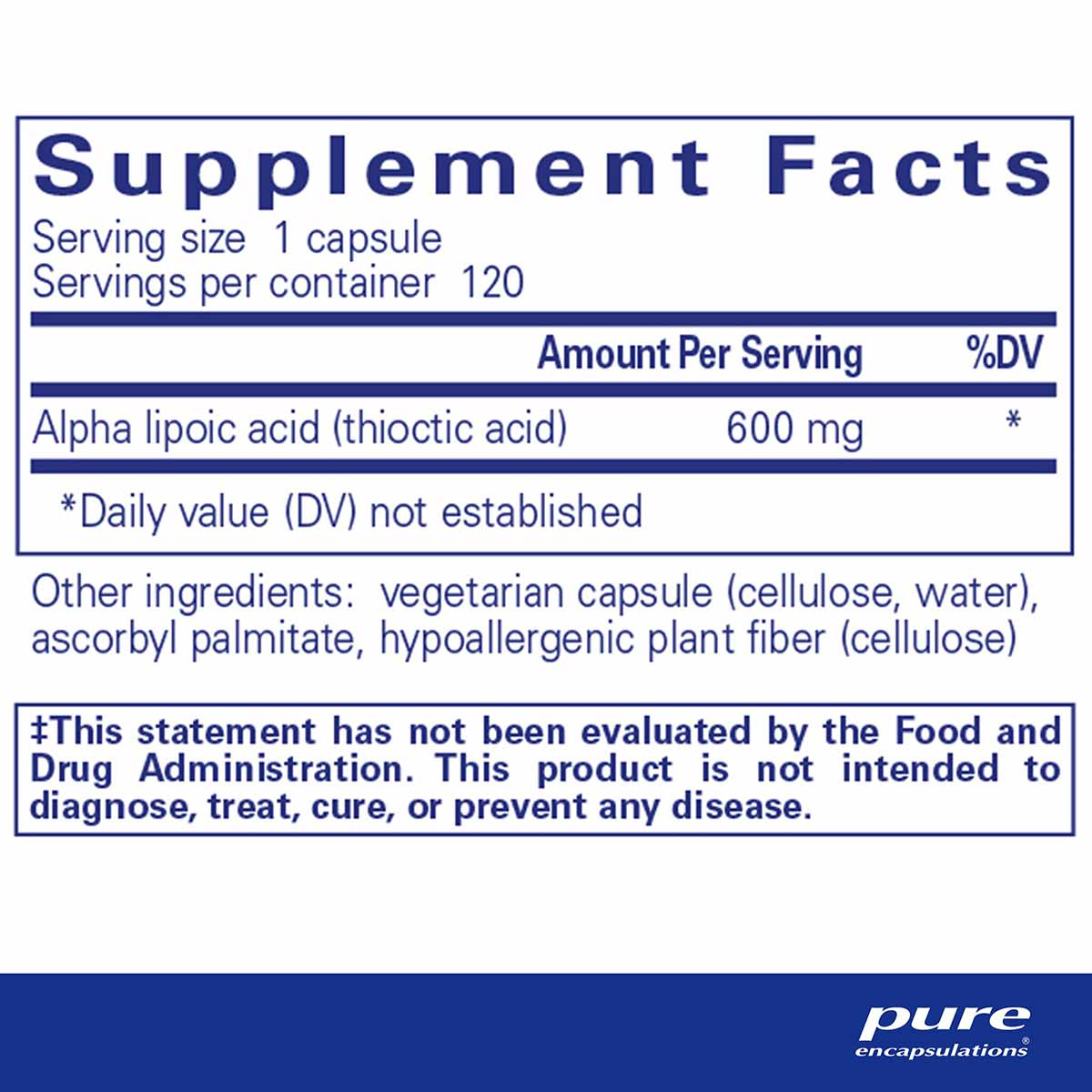 Supplement Facts label for Alpha Lipoic Acid 600 mg capsules showing serving size, ingredients, and FDA disclaimer.