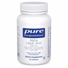 White bottle of Pure Encapsulations Alpha Lipoic Acid 600 mg dietary supplement with white screw cap, containing 60 capsules.