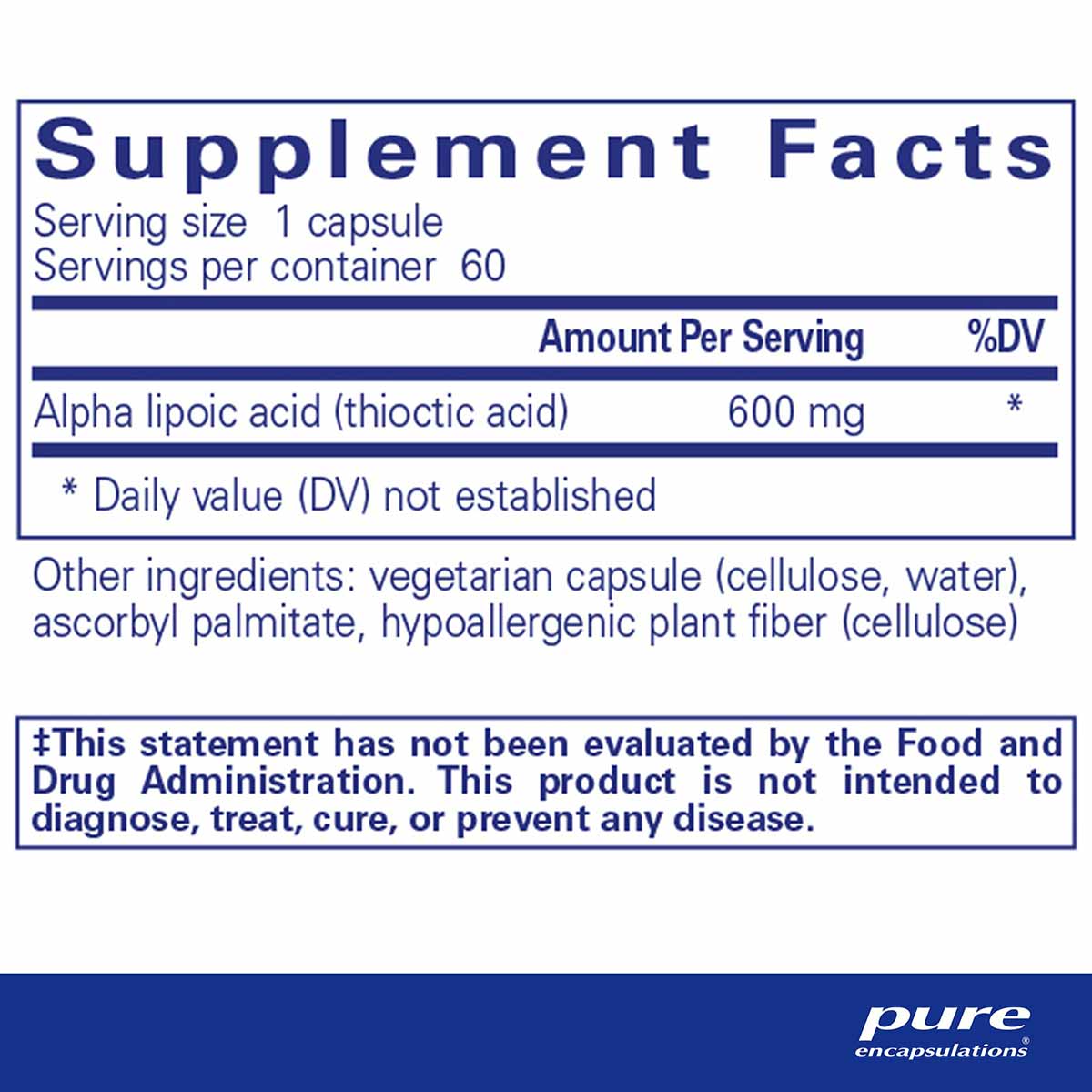 Supplement Facts label showing Alpha Lipoic Acid 600 mg per capsule, 60 servings per container, with ingredients and FDA disc