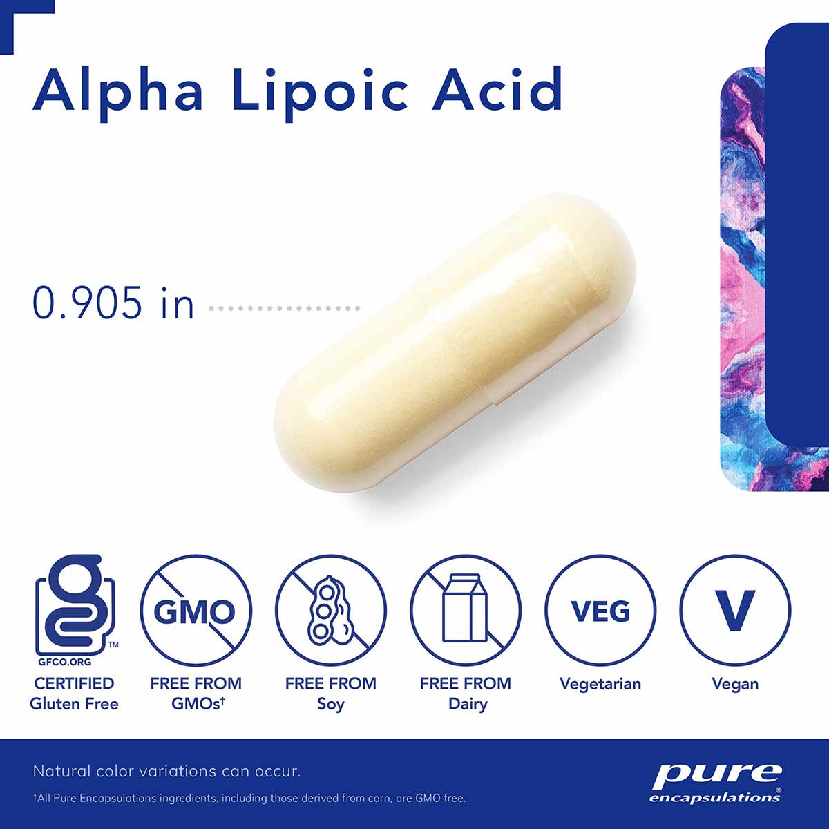 Pale yellow capsule labeled Alpha Lipoic Acid 600 mg by Pure Encapsulations, 0.905 inches in size.