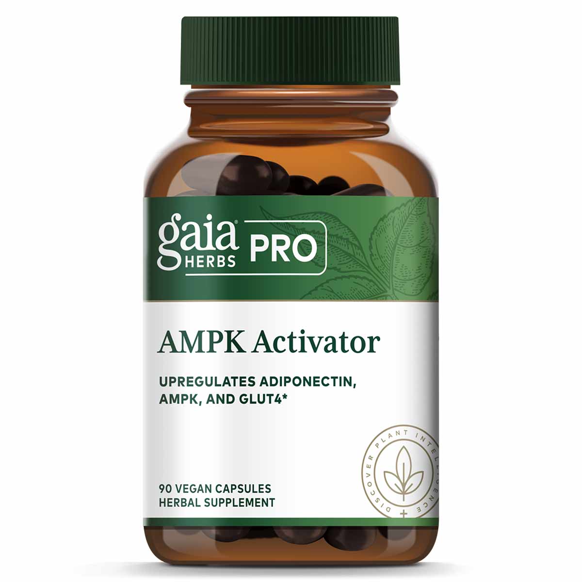 Gaia Herbs Pro AMPK Activator bottle containing 90 dark vegan capsules with green cap and white label.