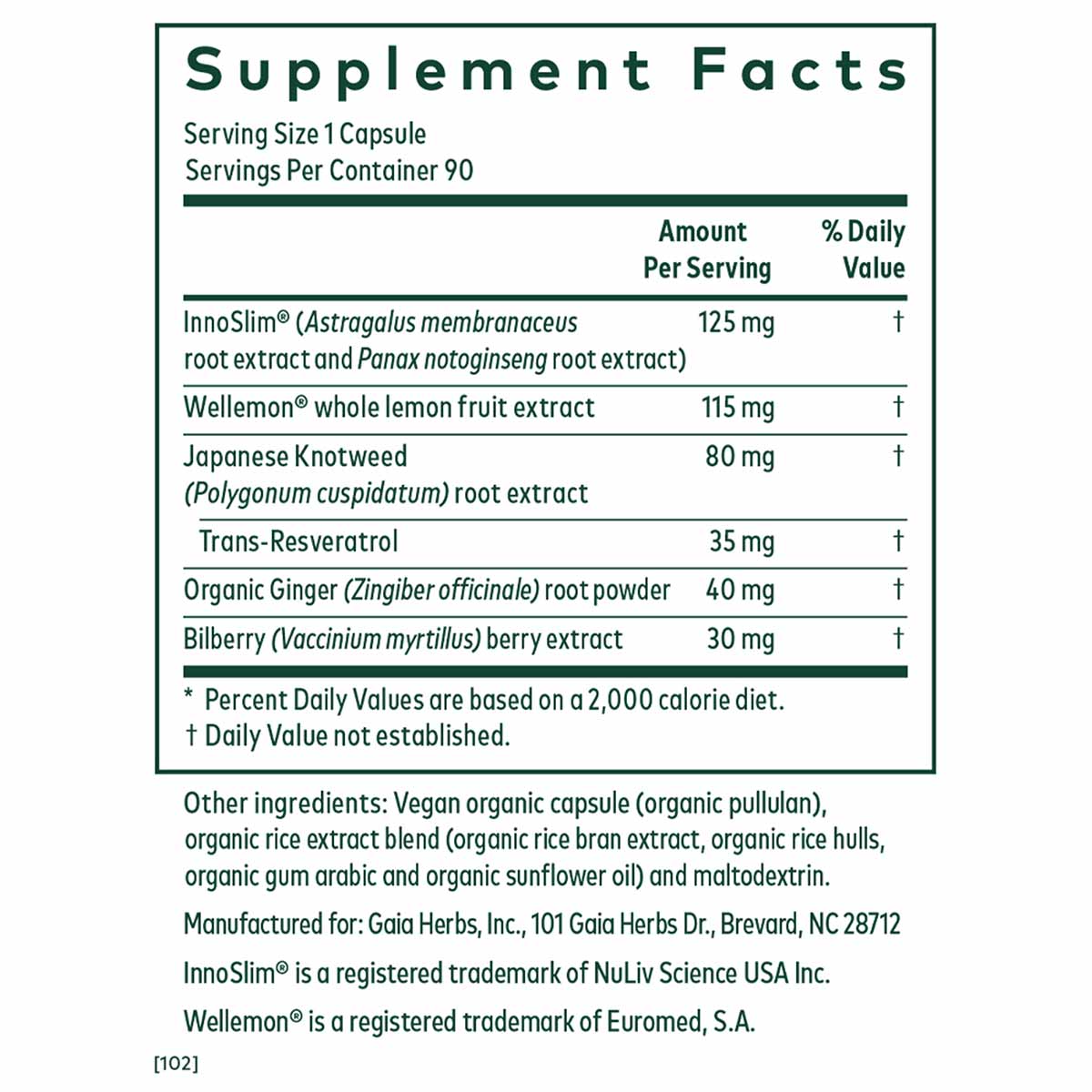 Supplement Facts label for AMPK Activator showing serving size of 1 capsule, 90 servings per container, with ingredient list 
