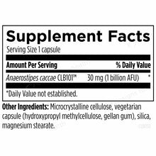 Supplement Facts label for Anaerostipes caccae probiotic capsule containing 30 mg with ingredient list.
