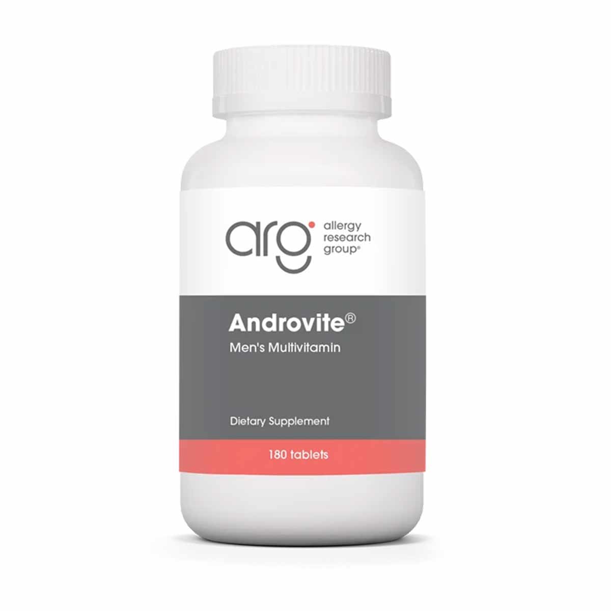 White bottle of Androvite Men's Multivitamin dietary supplement with gray and coral label, 180 tablets.