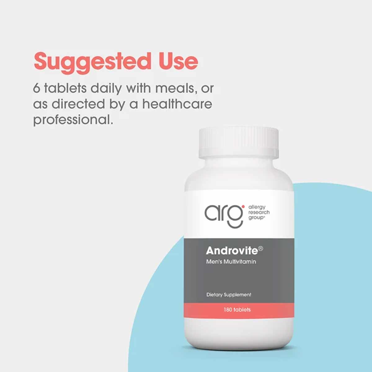 White bottle of Androvite Men's Multivitamin dietary supplement by Allergy Research Group containing 180 tablets.