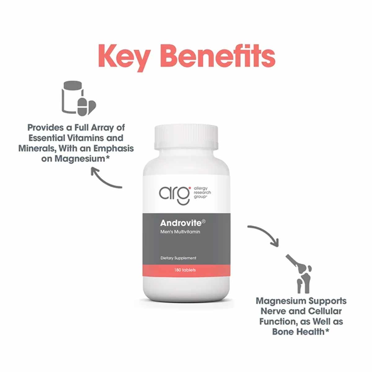 Bottle of Androvite men's multivitamin tablets by Allergy Research Group with white cap and gray label.