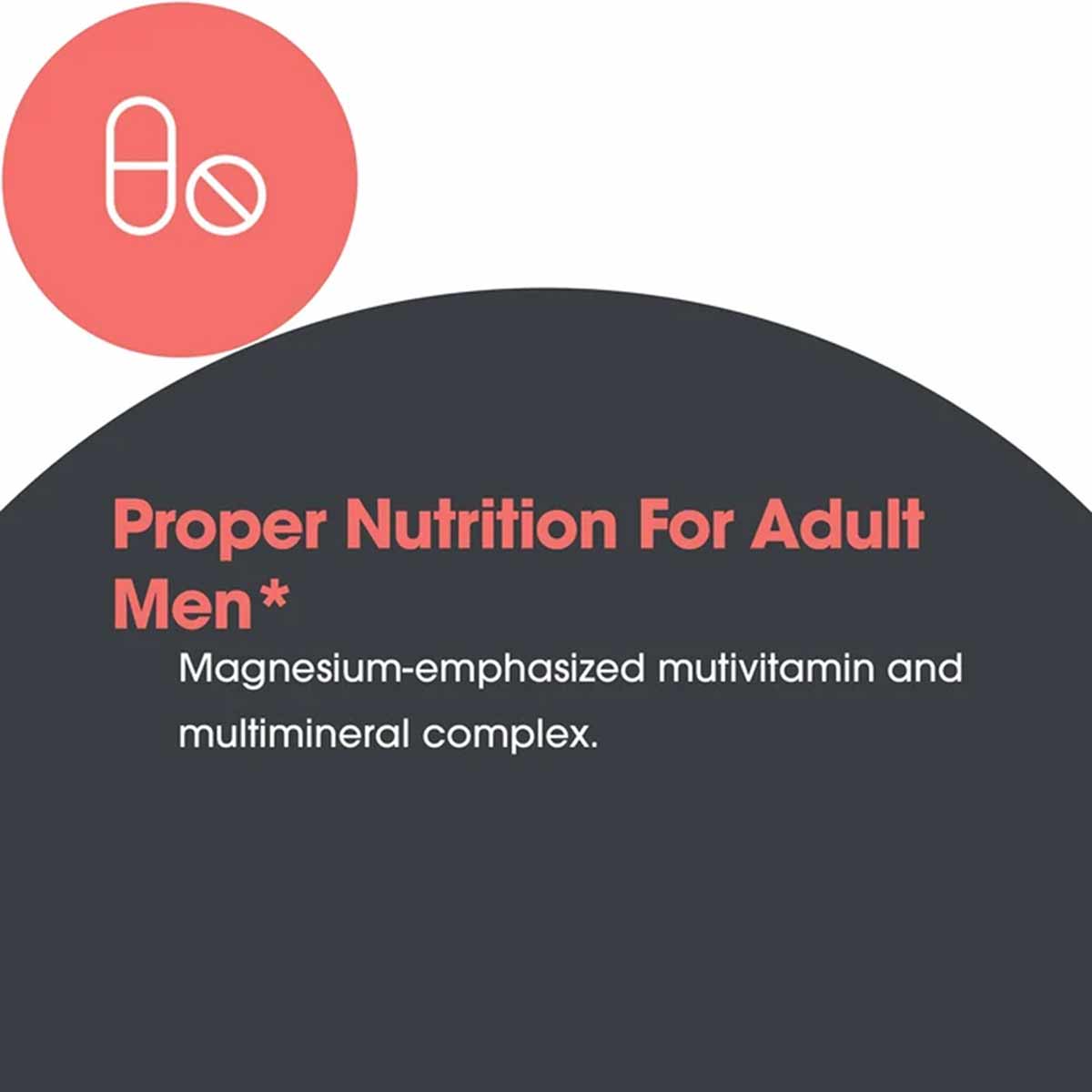 Androvite bottle label showing pill icon and text describing magnesium-emphasized multivitamin and multimineral complex for m