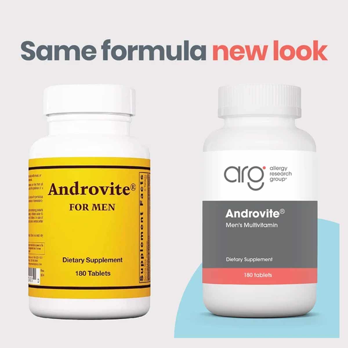 Androvite Men's Multivitamin 180 tablets bottle by Allergy Research Group shown in old yellow and new white packaging designs