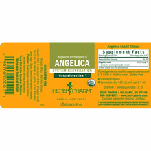 Herb Pharm Angelica liquid extract bottle label with yellow and green sections displaying supplement facts and product inform