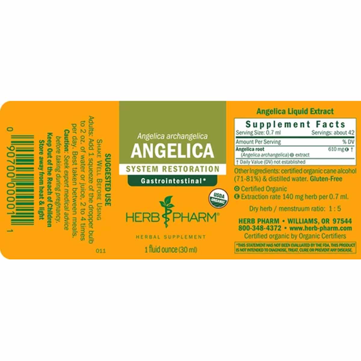 Herb Pharm Angelica liquid extract bottle label with yellow and green sections displaying supplement facts and product inform
