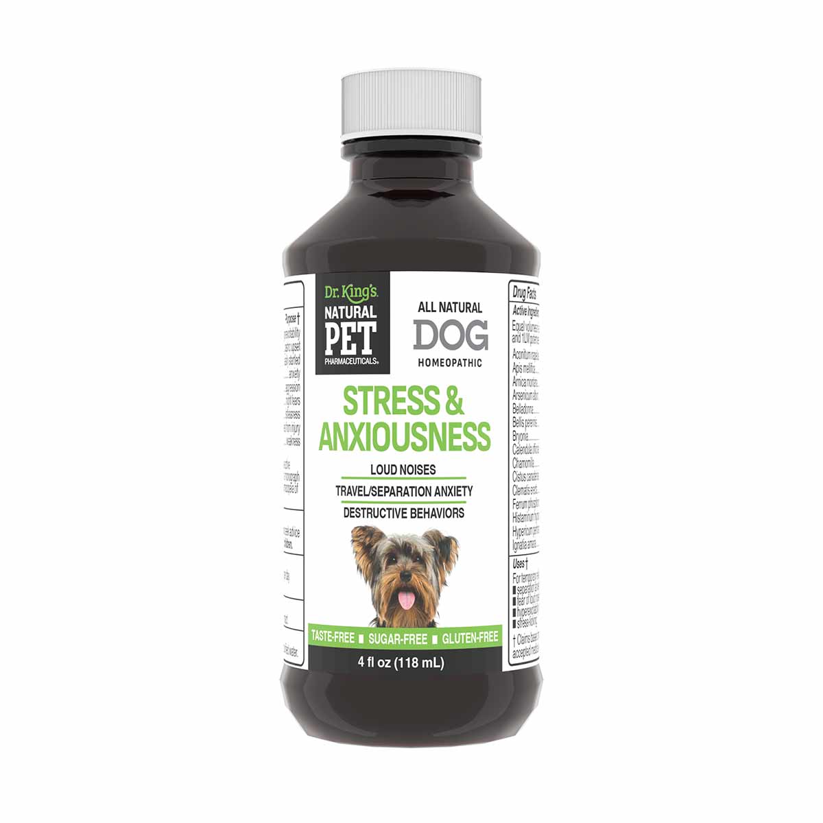 Dark glass bottle with white cap labeled "Stress & Anxiousness" dog homeopathic remedy, 4 fl oz.