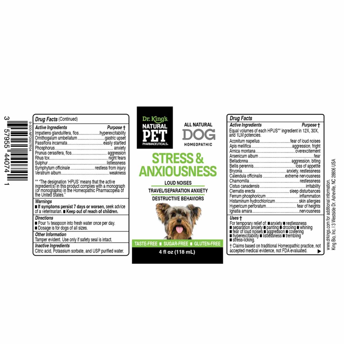 Dr. King's Natural Pet Stress & Anxiousness homeopathic liquid for dogs, 4 fl oz bottle with drug facts label.