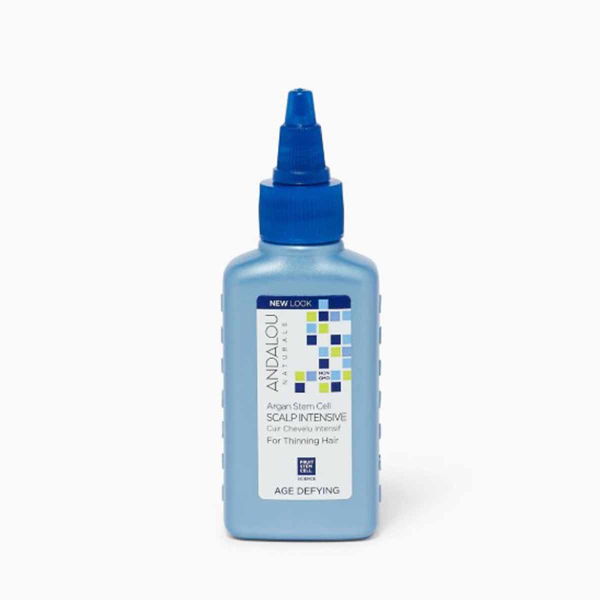Light blue bottle with blue applicator cap labeled Andalou Naturals Argan Stem Cell Scalp Intensive for Thinning Hair.